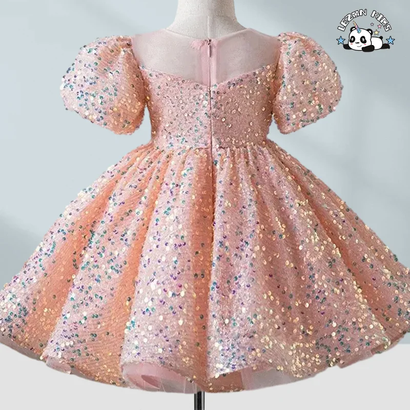 LEZONKIDS - Novo Vestido de Princesa de Aniversário com Lantejoulas, Vestido de Primeiro Ano, Vestido de Desempenho, Vestido de Menina, Vestido de Florista de Casamento com Manga Bolha